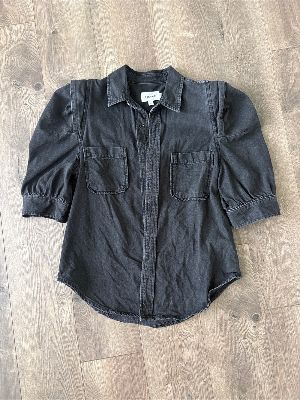 Frame Denim Washed Black Puff-Sleeve Button-Down Shirt